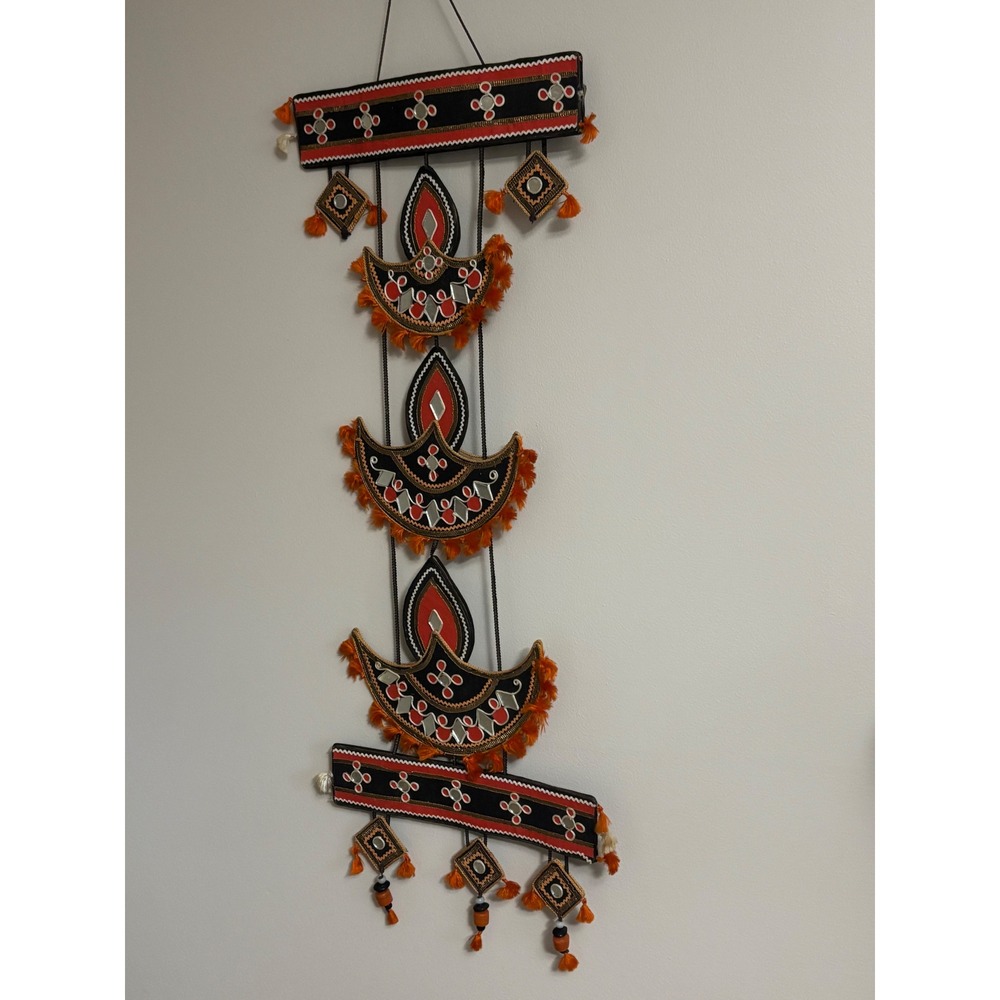 Vintage 1980s Indian Textile Applique Wall Hanging Mirror Embroidery Boho Decor
